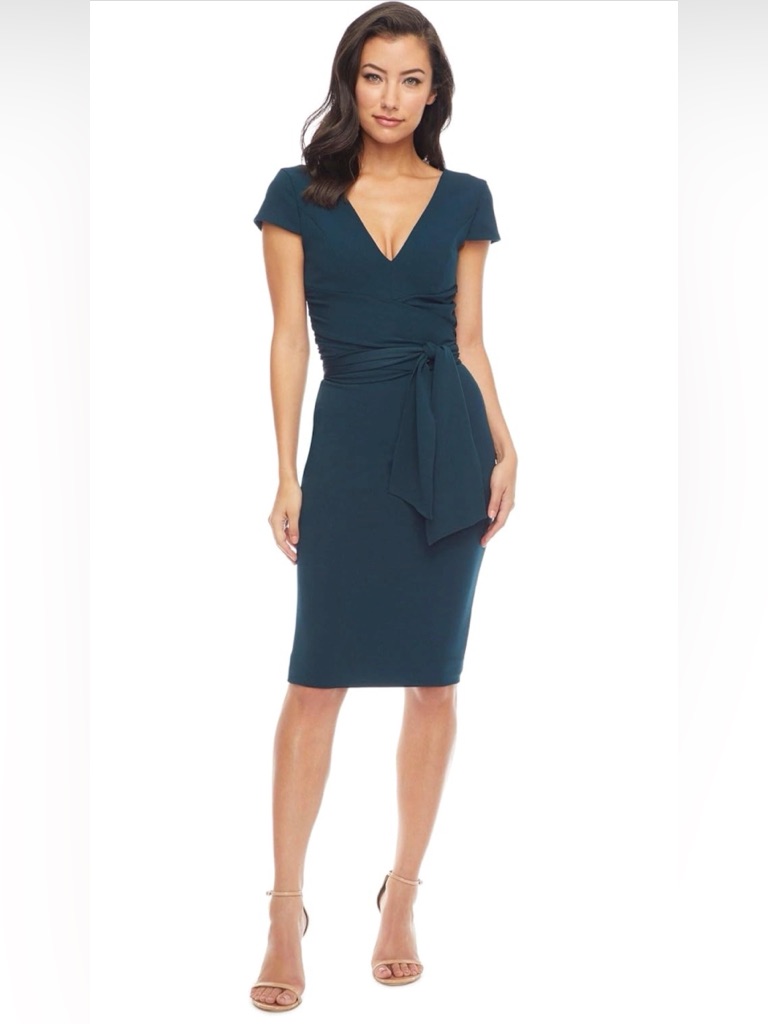 Dress The Population Deep Teal Wrap-Style V-Neck Midi Dress